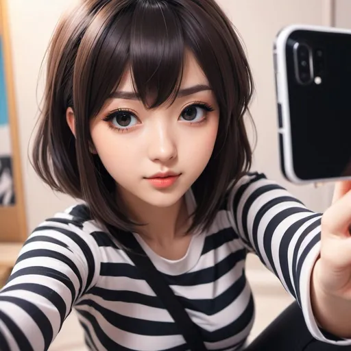 Prompt: anime girl with black and white striped pants taking a selfie, anime vibes, anime style. 8k, ilya kuvshinov. 4 k, ( ilya kuvshinov ), the anime girl is crouching, an anime girl, ilya kuvshinov style, anime styled, anime artstyle, very very low quality picture, anime style mixed with fujifilm