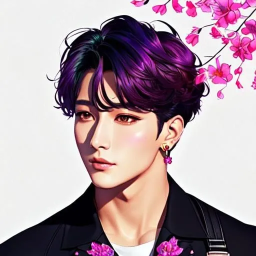 Prompt: a beautiful Jung Kook from BTS, Conrad Roset, iridescent, flowers, music notes, precise lineart, piercings, vibrant, 8k resolution, minimalist illustration, concept art, realistic, artstation, vintage show promotional poster, black to rainbow