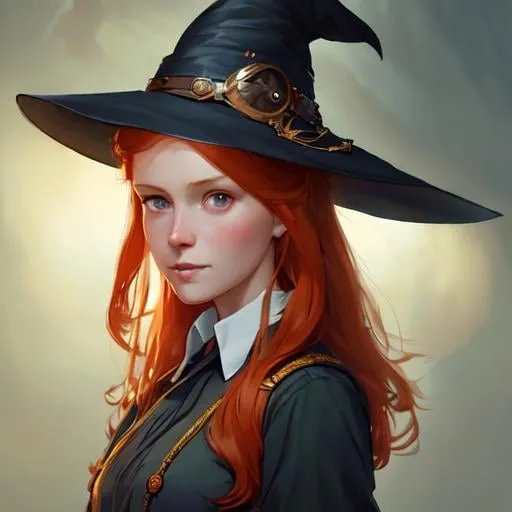 Prompt: rugged ginger girl witch wearing magic school uniform, large wide - brimmed witch hat, cinematic, elaborate, elegant, masterpiece, illustration, digital painting, concept art, trending on artstation, pixiv, art by ruan jia and hong soonsang and wlop and artgerm and greg rutkowski and alphonse mucha