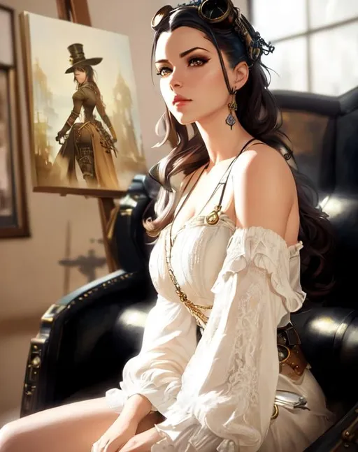 Prompt: Professional painting of a beautiful steampunk woman, steampunk outfit and weapon, hyperrealism, photorealistic, 8k, unreal engine --ar 9:16 --niji 5 --style expressive --s 400, by Jeremy Mann, Rutkowski, and other Artstation illustrators, intricate details, face, full body portrait, headshot, illustration, UHD, 4K