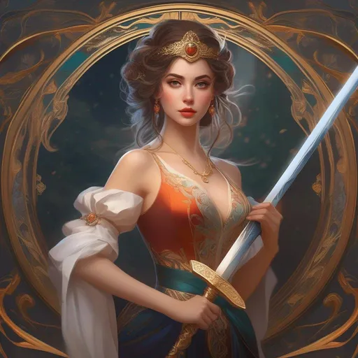 Prompt: a woman in a costume holding a sword, an ultrafine detailed painting by senior character artist, trending on Artstation, art nouveau, official art, artstation hd, detailed painting