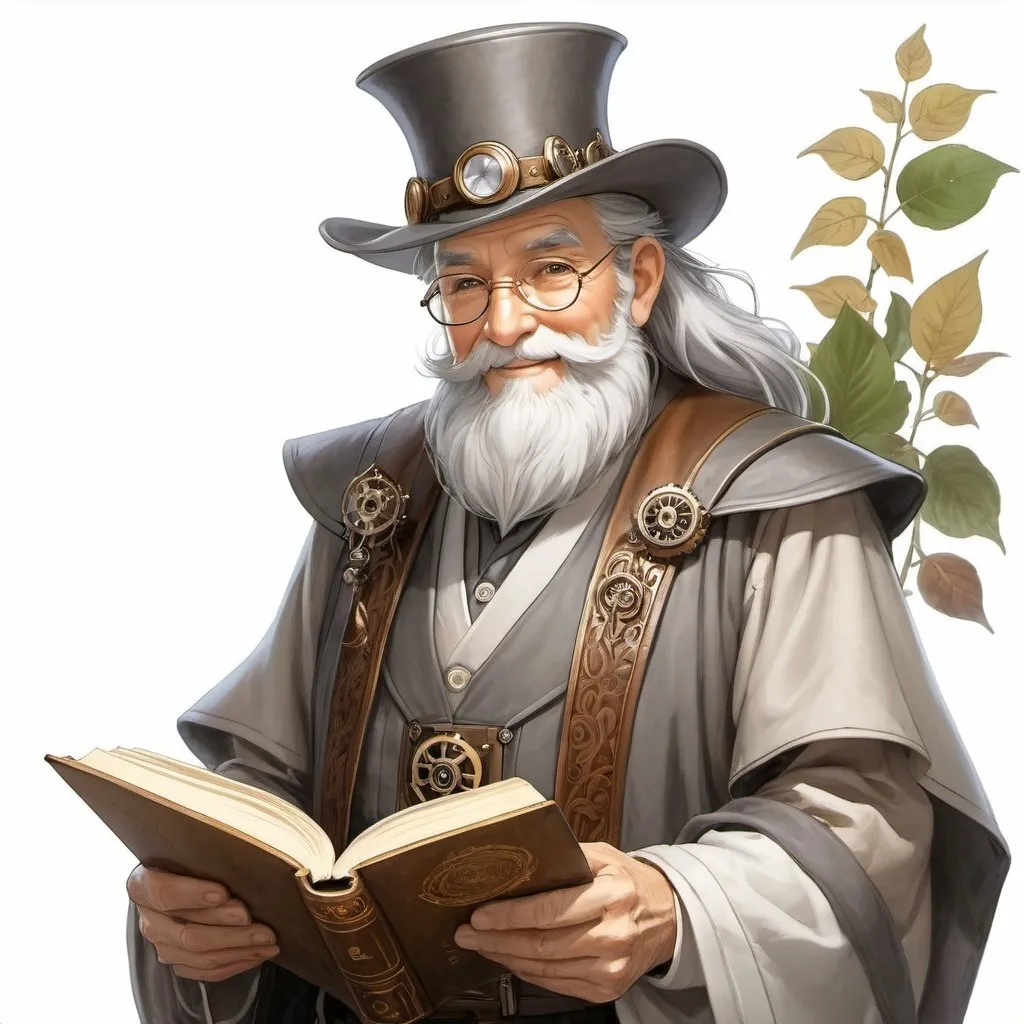Prompt: A picture of a wise, knowledgeable steampunk old man holding a book, Disney wizard reference, gentle and wise smile, dressed in ancient gray dress, half body::4, serene and dignified demeanor, and wise appearance, Manga style, art by Mike Grell, cascading leaves and peaceful soft focus portrait, wise eyes and long gray beard, front view::, 16k, ultra hd --ar 9:16 --q 2 --niji 5