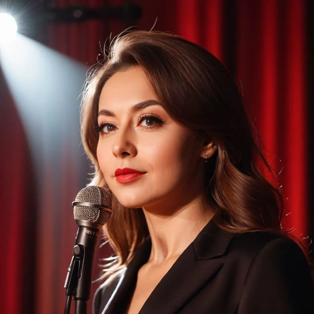 Prompt: close-up portrait of Zhania Dzhurinskaya on a stage with spotlight shining down, red curtains, wooden stage, mic stand, 