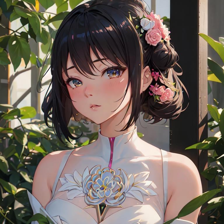 Prompt: lushill style, very cute girl, anime style, comics style, soft skin, soft color, high light, scifi, technology, mechanism, eyes on camera, looking to camera, art by rossdraws, on one knee proposing, holding a bouquet of flowers, blushing, looking away nervously