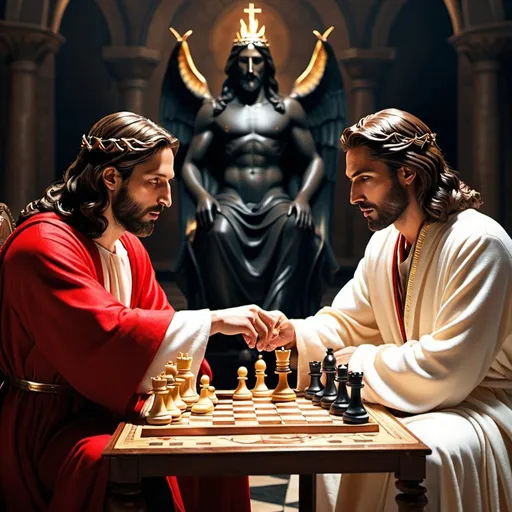 Prompt: Jesus playing chess with Lucifer