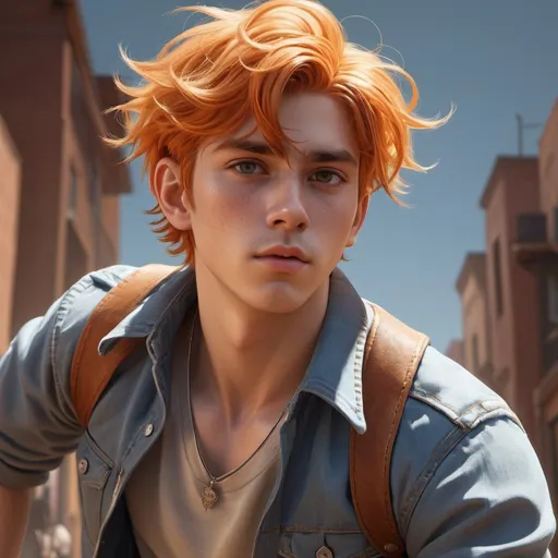 Prompt: (masterpiece, best quality, highres:1.2), (intricate and beautiful:1.2), (detailed light:1.2), (colorful, dynamic angle), 1boy,faded orange hair,hair floating in air,beautiful eyes,detailed,(streetwear:1.2),soft light passing through hair, (official art), (cinematic),(cowboy body shot:1.3),(hand in pocket:1.2)