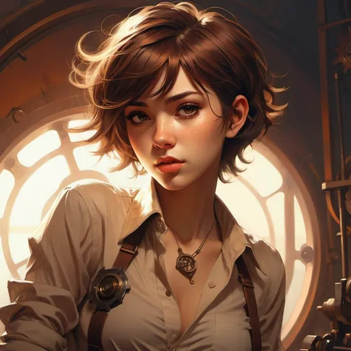 Prompt: Steampunk style 1 girl , leaning forward, detailed face, Latino, messy short hair, semi-transparent shirt, oversized shirt, cleavage, shadow, dramatic lighting (masterpiece, best quality, ultra realistic,detail skin :1.5), ( by Ilya Kuvshinov) . Antique, mechanical, brass and copper tones, gears, intricate, detailed