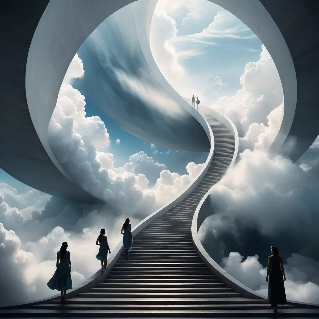 Prompt: A surreal depiction of the quest for equality, represented by a vast, ((endless staircase winding through the clouds)), with diverse people climbing together toward a shining, elusive doorway at the top. The scene blends elements of fantasy and reality, with barriers along the path symbolizing various social obstacles. The mood is hopeful yet challenging, with ethereal lighting and symbolic motifs scattered throughout.