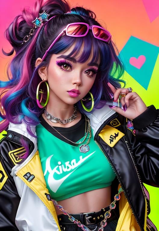 Prompt: a close up of a person with a chain around their neck, (((neon palette))), tsuaii, 80s hair, by Sophia Beale, wearing jacket, trending on artstaton, skydoll noa, by Cicely Hey, multi colored, trending on artstatio, by Melissa Benson, punk, portrait drawing