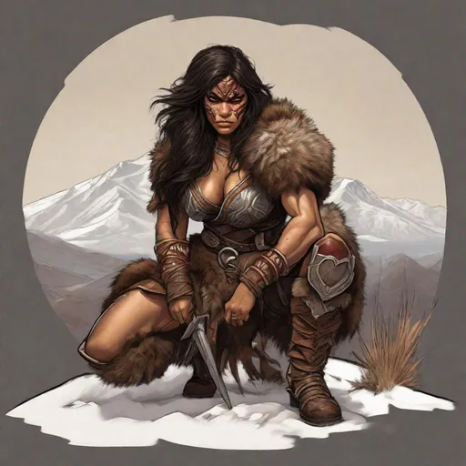 Prompt: Stunning full-body color sketch of a strong and beautiful barbarian warrioress crouching. Fierce warm brown eyes and long tousled dark crimson sable hair. Tan skin, boots and armor of brown leather and fur. Black war paint upper half of face. Sketched snowy mountain landscape background. Volumetric and dynamic lighting. Hyperrealistic photorealistic hyperdetailed maximalist masterpiece. Incredible dark romance fantasy