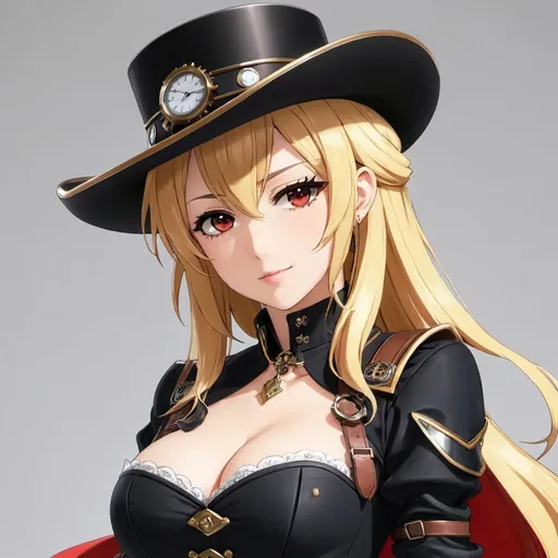 Prompt: score_9,score_8_up,score_7_up,score_6_up,source anime,1girl,solo,standing,off shoulder,armor,long sleeves,steampunk,hat,gradient hair,blonde hair,red tips,medium hair,red eyes,smirk,cowboy shot,bangs,closed mouth, luxury outfit techwear,(thick eyebrows:0.6),white background