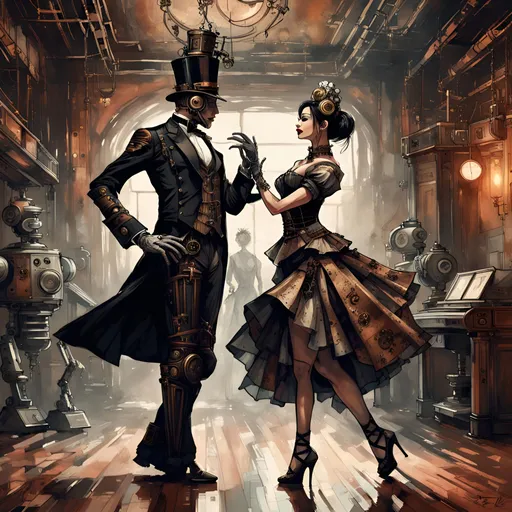 Prompt: beautiful steampunk princess dancing with her a steampunk robot mechanical male butler, in a dim lighting, ballroom, aesthetic, painterly style, modern ink, asian girl, sensual, dark blouse, expressive pose, urbanpunk, abstract texture multilayer background, neo-expressionist , Russ Mills, Ian Miller, spot light only on her, all in very detailed steampunk style, photorealistic, dynamic light, sweet smile, beautiful, H. R. Giger, Jules Verne