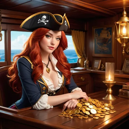 Prompt: score_9, score_8_up, score_7_up, concept art, a redhead girl cosplaying as Miss Fortune, sits in the captain's cabin, perfect face, pirate hat, gold coins piled on the wooden table, dim candlelight, upper body, <lora:Concept Art DarkSide Style LoRA_Pony XL v6:0.8>, <lora:Expressive_H:0.8>, prompt saving so loras don't work here!