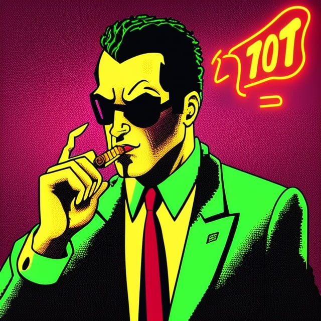 Prompt: dot matrix picture, cartoon style illustration of a man smoking a cigar in a suit, vision through cyberspace, 1960s pop art, (harsh neon), motion effects, best quality, wallpaper art, UHD, centered image, ((flat colors)), (8-bit style), ((low saturation)), ink lines, iridiscent,