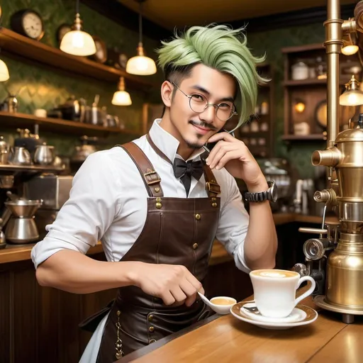 Prompt: a steampunk anime male barista severe a cup of coffee at a quaint maid café, he should embody the whimsical fusion of Victorian-era fashion green apron  with industrial steam-powered machinery elements. Picture him adorned in a maid outfit with  golden accessories, leather straps, and brass goggles resting atop his vividly colored hair. The cafe should have vintage furnishings, with gears and pipes lining the walls, and steaming espresso machines adding to the ambiance. Capture the warm, cozy vibe of the cafe as he sips his coffee with a contented smile.