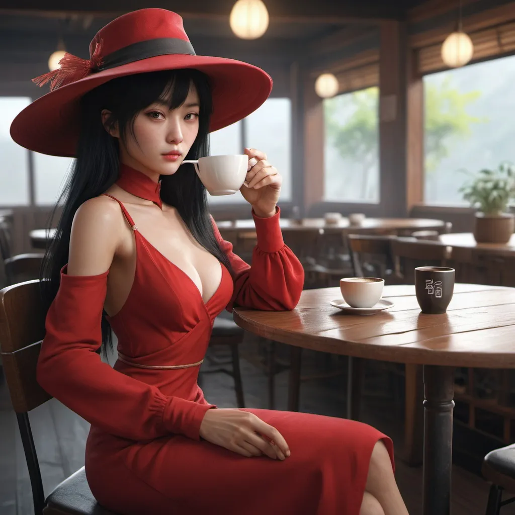 Prompt: there is a woman in a red dress and hat sitting at a table, drinking coffee, feng zhu concept art, Korean woman with black hair, octane render, ssr card, leblanc, broken, covid-19 as a human, commission art
