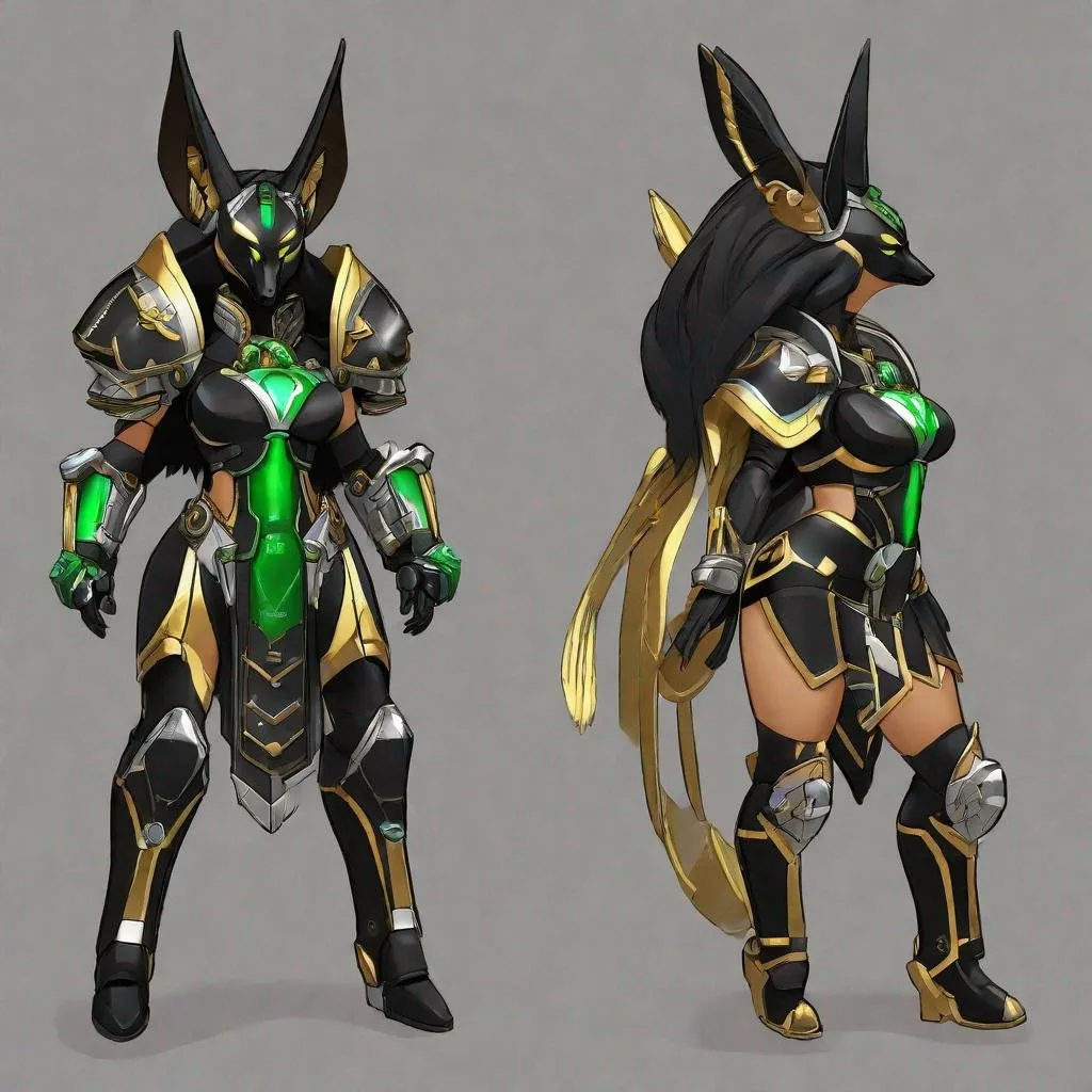 Prompt: 1 female,Anubis,Synthetic fur,anthropomorphic,synthetic body,Warhammer 40k,Necron,C'tan,Star Goddess,(Silver,green,black and gold metal body),Necrodermis body,robot body,Pure energy body encased in robot one,wielding Cosmic powers,giant,muscular female,best quality,masterpiece