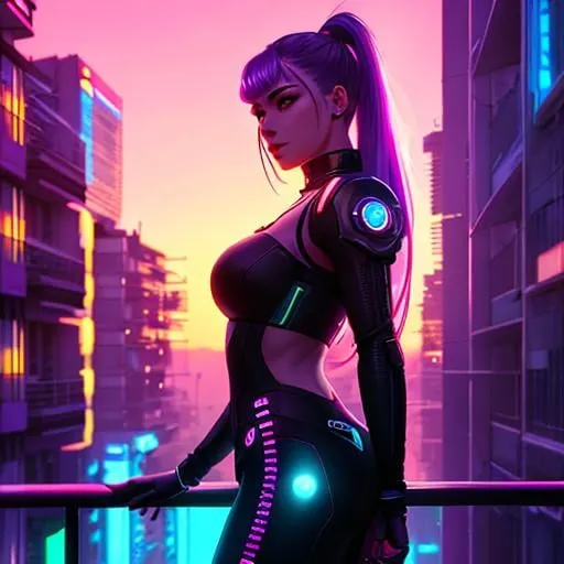 Prompt: A detailed portrait of a cyberpunk girl standing on a balcony, gazing out to the horizon, illuminated by a neon sunset, by Alex Konstad, Tatsuya Ishida, and Patrick Brown, dramatic lighting, hyper-realistic details, with digital painting techniques, trending on Artstation, cinematic cinematic lighting.