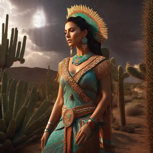 Prompt: (((Mayan goddess)))best quality, ultra-high resolution, 4K detailed CG, master piece,Xquic,waning moon goddess, woman,Mayan clothing,Mayan mythology,cactus, stream, desert, sunlight,(( tree)) Mexico, aesthetics, Beautiful image, centered on the screen
 during a thunderstorm, low angle, closeup, glow, ultra realistic, digital painting
