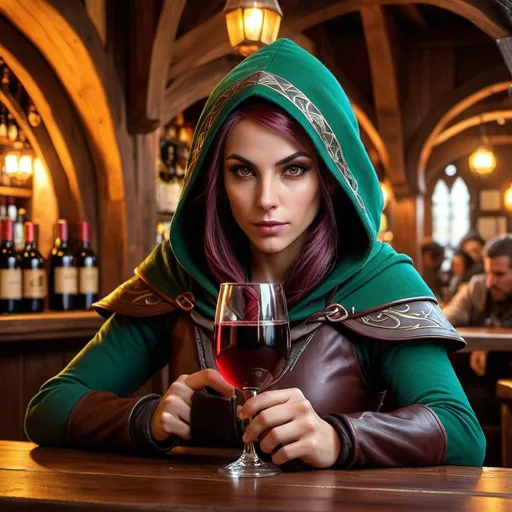 Prompt: Half elf female rogue with hood ,wine at tarven's bar, turkey on wooden table, random mugs of ale, fantasy, dnd, ultra-fine details, intricate scene, ambient lighting, symmetrical facial features, accurate anatomy, sharp focus, final fantasy cgi still, artgerm, taken on nikon d750, scenic, splash art, tumblr instagram  