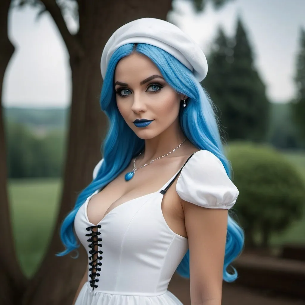 Prompt: smurfette from the smurfs, beautiful charismatic woman, piercings, athletic, a woman with a white dress, gorgeous figure, interesting shapes, full body photo shot, goth style, dark eye, in the style of jessica drossin, life-size figures, 8k sharp focus, highly detailed, photorealistic