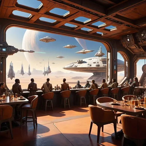 Prompt: rusty tavern overlooking spaceport in star wars internal shot, looking out through a window onto large freighter star ships with many star wars type characters walking around outside
