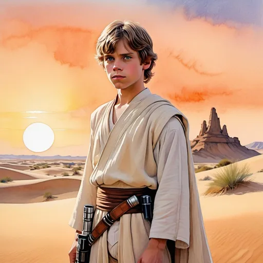 Prompt: A watercolor painting of a young and hopeful Luke Skywalker, standing at the edge of a sandy dune on Tatooine. The twin suns of the planet are setting in the background, casting a warm, orange glow over the scene. Luke is dressed in his iconic white and beige outfit, his face is turned towards the horizon, his gaze distant and full of dreams. His lightsaber is strapped to his belt, its presence a symbol of the adventures to come.