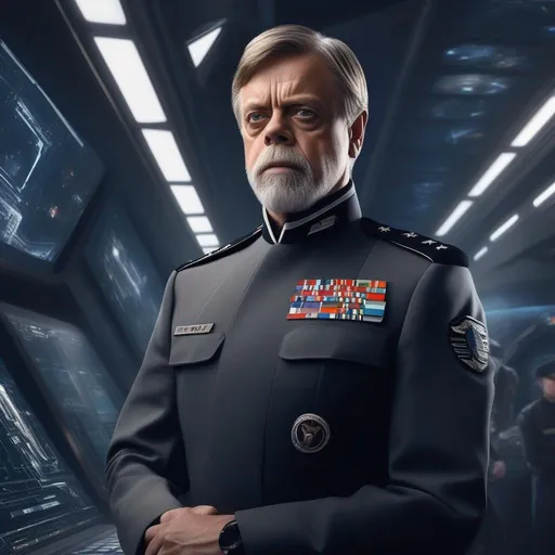 Prompt: ((full body:1. 3)), 1man, ((shot photo of the most beautiful artwork in the world featuring a modern Mark Hamill wearing futuristic officer uniform)) , photorealistic, intense look, anatomical photorealistic portrait of a (((old male:1. 3))) human in (dark grey dress uniform), (space navy officer), fleet admiral, star wars officer, star trek officer, warhammer40k officer, Admiral Spire, ((grey hair)), ((grey beard)), no glasses on face, (gentleman), british officer, ((Petr Pavel)), (star destroyer bridge as background, in space ship with window), reflections, High Detail, Sharp focus, space battle, art by artgerm and greg rutkowski and viktoria gavrilenko, ray tracing, neon lights, very detailed skin, very detailed eyes, global illumination, deep color, 8k resolution