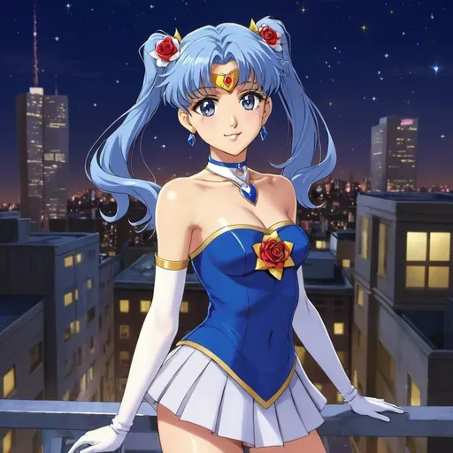 Prompt: score_9, score_8_up, score_7_up, source_anime , 1girl, mizuno ami, Bishoujo Senshi Sailor Moon, holding blue rose, short hair, blue hair, blue eyes, swept bangs, parted bangs, masterpiece, best quality, absurdres, princess, thighhighs, elbow gloves, center opening, magical girl, pleated skirt, bare shoulders, tiara, earrings, jewelry, blue choker, blue lipstick, long eyelashes, eyeshadow, eyeliner, mascara, makeup,
outdoors, night, on rooftop, city, solo, standing, crossed legs, cowboy shot, smile, wink, open mouth, v, looking at viewer, (sparkles, sparkling clothes, sparkling hair, sparkling makeup), sparkling eyeshadow