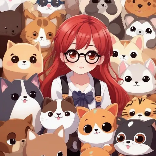 Prompt: An adorable chibi-style anime girl with oversized eyes and a playful expression, red hair, circle glasses, surrounded by cute animal companions