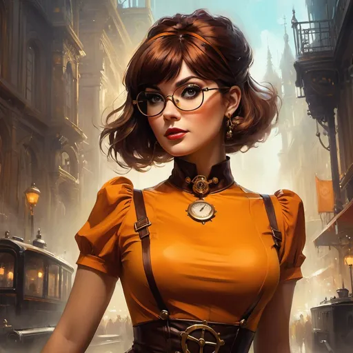 Prompt: Professional painting of a beautiful steampunk Velma from Scooby Doo, by Jeremy Mann, Rutkowski, and other Artstation illustrators, intricate details, face, full body portrait, headshot, illustration, UHD, 4K, epic Instagram, artstation, hyperdetailed intricately detailed, unreal engine, fantastical, intricate detail, splash screen, complementary colors, fantasy concept art, 8k, deviantart masterpiece, oil painting, heavy strokes, splash arts