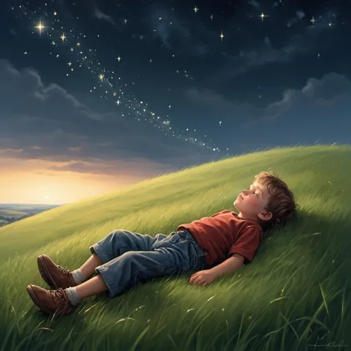 Prompt: Tommy loved to climb the hill his Father climbed as a kid. He imagined John, his Father laying down in the grass and looking up at the heavens. This particular evening the sky had a glistening sheen to it. Tommy imagined the stars were colliding.