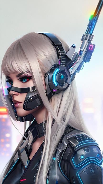 Prompt: futuristic female cyborg with a daemon mask, hyper realistic, dramatic lighting, 4k, high contrast, cyberpunk cityscape, neon lighting, club scene, trending on Artstation, nightfall, staring over her shoulder at the viewer