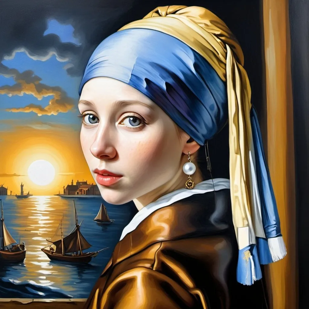 Prompt: A steampunk painting of "The girl with the pearl earring", the steampunk girl wearing the leather suit, by Johannes Vermeer, sunset, small pearl shiny, 8k