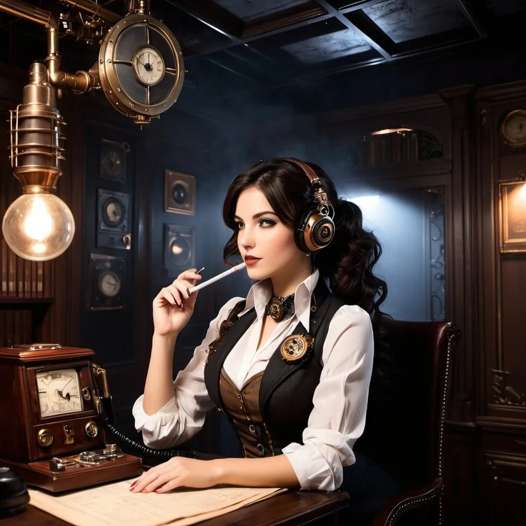 Prompt: 1girl, steampunk, night, office, office clothes, smoking, radio, switchboard, mic from ceiling, audio foam, wall padded, announcer, dark hair, shadow