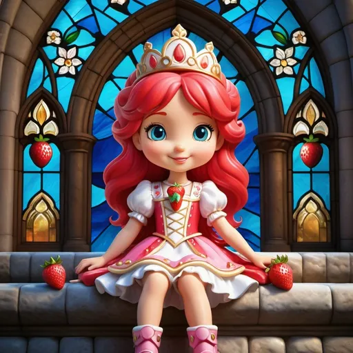 Prompt: Strawberry Shortcake, detailed eyes, sitting on stone loyal throne, blizzard, castle shining through stained glass windows, happy expression 