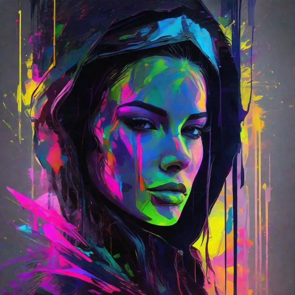 Prompt: Painterly, shadow play, a cyberpunk hacker as a silhouette in darkness, slender covered in neon glitch effect substance, rim light, mysterious atmosphere, dreamy, detailed, hybrid art, oil painting, pen painting, ink painting, visible brush strokes, impasto, queen of nature, illustration, UHD, 4K, high resolution face, detailed face, high definition eyes, detailed eyes