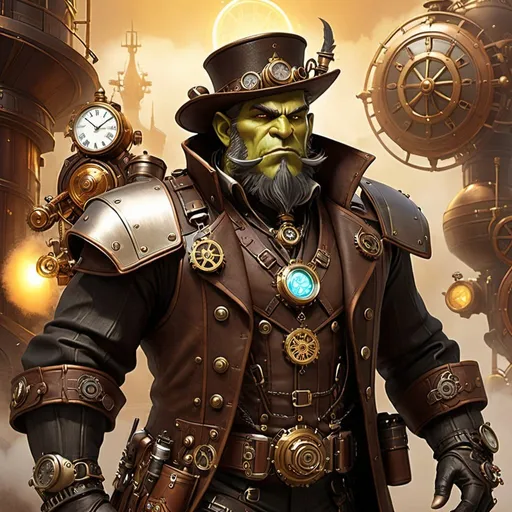 Prompt:  image that embodies the essence of Thrall from world of warcraft in a steampunk setting. The depiction should blend orc shaman recognizable traits with Victorian-era industrial influences, featuring mechanical gadgets, elementals,  fire, and steam-powered machinery. His attire should be a fusion of his usual style and classic steampunk fashion, including brass accessories and leather accents. Ensure the background reflects a retro-futuristic landscape, with airships and intricate gear architecture. Emphasize both the whimsy of streamer culture and the gritty aesthetic of the steampunk genre.