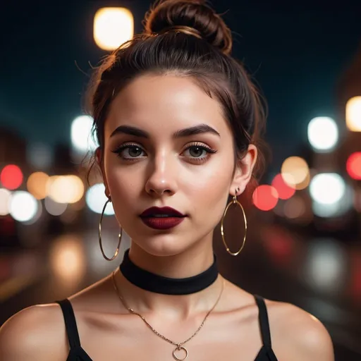 Prompt: cinematic photo hipster woman, dark hair in a bun, perfect eyes, dark eyeliner, dark mascara, dark red lipstick, mouth slightly open, hoop earrings, pierced nose, choker, spaghetti strap black tank top, bright city lights at night . 35mm photograph, film, bokeh, professional, 4k, highly detailed