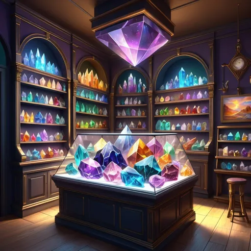 Prompt: hyperdetailed digital painting knolling of a shop selling crystals, fantasy, matte painting 8k,  ambient lighting, BehanceHD, Artstation CGSociety, Sketchfab, volumetric lighting, deep colours. trending on artstation, 8k, masterpiece, graffiti paint, fine detail, full of color, intricate detail, golden ratio illustration
