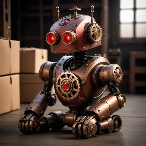 Prompt: Steampunk Robot, Gears, Small, Cute, (digital), (resting in detailed warehouse) , best quality, paperbag on head, <lora:paperbag:1>, Dark, Poor Lighting, Shadows, Glowing Red Eyes