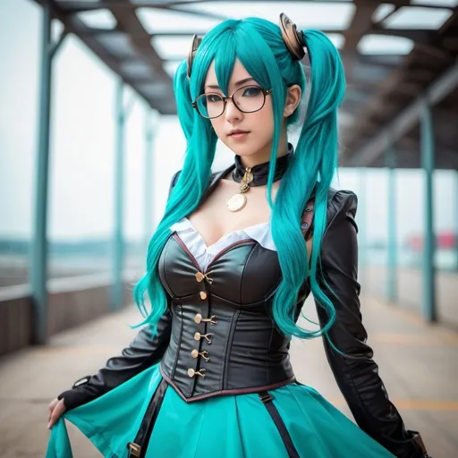 Prompt: there is a steampunk woman with blue hair taking deep stare to the sky, hatsune miku cosplay, ayaka cosplay, anime, morrigan aensland, by Lü Ji, long hair with black hair, anime girl with teal hair, teal skirt, with long turquoise hair, wavy long black hair and glasses, devil latex outfit, 