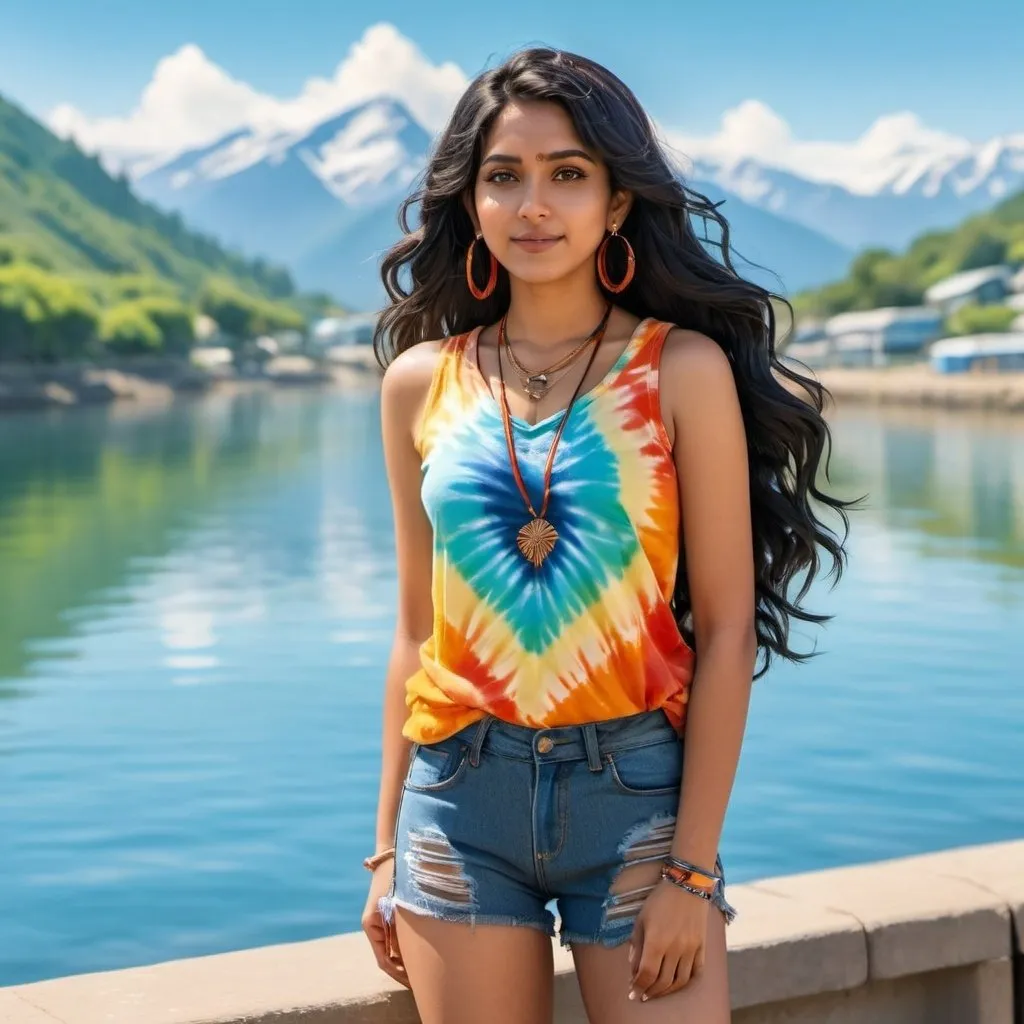 Prompt: An anime adult indian woman with long, black wavy hair stands near a waterfront, wearing a sleeveless tie-dye shirt with blue and orange patterns and distressed denim shorts. She has hoop earrings and a necklace with a pendant, The background shows a sunny day with greenery and mountains in the distance.