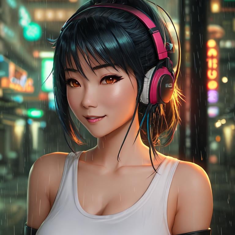 Prompt: Digital art, game art, asian vibes, neon light, night city, rain, full length, anime woman with gamer headset, black hair with blue streaks, ponytail, creepy smile, smooth soft skin, detailed face, holding white dog, wearing black skirt