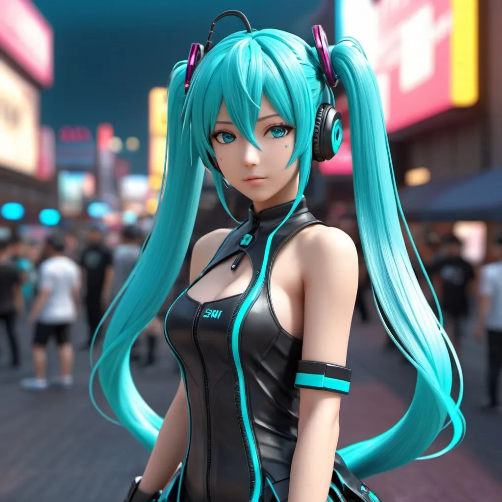 Prompt: full body shot, hatsune miku, vocaloid, twintails, aqua hair, aqua eyes, concert, singing, high quality, 4k, 8k, masterpiece, cyberpunk, outdoor, street, by Sakimichan, hyperrealism, photorealistic, 8k, unreal engine, 3d render --ar 9:16 --niji 5 --style expressive --s 400