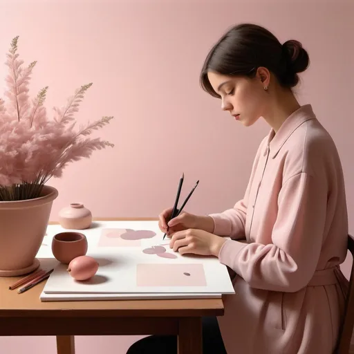 Prompt: A contemplative artist, sketching a still life, in the style of Felice Casorati, a muted palette, with soft lighting, rendered in a tranquil style, clean and baby pink background, lofi girl