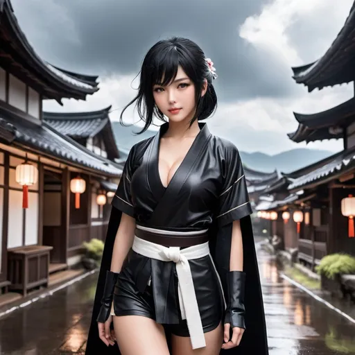 Prompt: score_9, score_8_up, score_7_up,   Samurai hat,Black hair,bandages wrapped around the chest, black cloak,Fingerless gloves,Black shorts,Bandages on arms ,belts, rain,village,clouds, 1girl, delicate and smooth skin, blush, perfect body, thighs, highly detailed, glossy lips,    <lora:Concept Art DarkSide Style LoRA_Pony XL v6:0.8> concept art,    <lora:GwentStyle_v2:0.6> gwentstyle  <lora:Expressive_H-000001:0.8> expressiveh