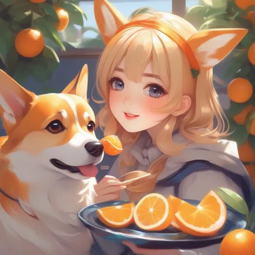 Prompt: anime girl eating a slice of oranges with a corgi nearby, cute detailed artwork, cute art style, material is! ! ! oranges! ! ! , by Yang J, adorable digital painting, anime illustration, cute anime, by Kubisi art, by Eizan Kikukawa, lofi art, artwork in the style of guweiz, cute anime lofi girl, bright sunny day, happy and corgi is serious mad.