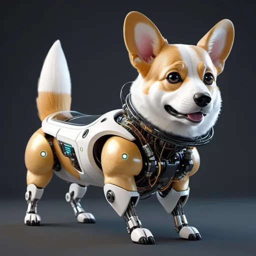 Prompt: a futuristic android corgi in a circuit concept, in the style of illusory hyperrealism, bold, visor eyes, one mechanical leg,black lines, neo-academism, scott adams, digital as manual, data visualization, on all fours