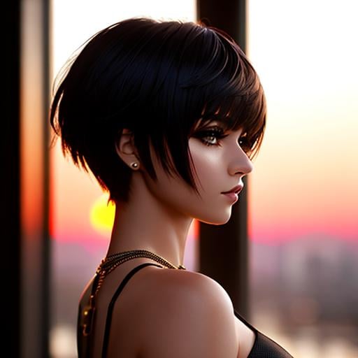 Prompt: portrait photo of a stylish beautiful girl, asymmetric hair cut, cyberpunk aesthetic, heavenly beauty, 8k, 50mm, f/1. 4, high detail, sharp focus, cowboy shot, perfect anatomy, arms behind back, sunshine on her face, sunset, window side